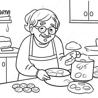 Page à colorier de grand-mère heureuse cuisinant des biscuits | Page de coloriage Grand-mère
