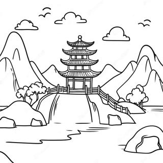 Page à colorier de beau paysage chinois | Page de coloriage Chinois