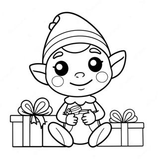 Page à colorier d'elfe mignon avec des cadeaux | Page de coloriage Elfe