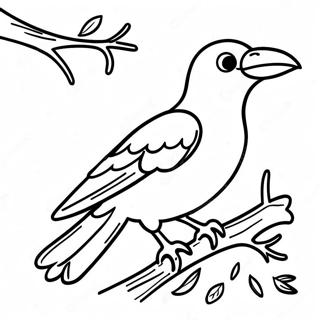 Page à colorier d'un corbeau joueur assis sur une branche | Page de coloriage Corbeau