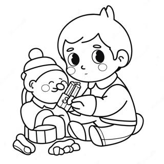 Page à colorier d'un enfant poli partageant des jouets | Page de coloriage Manières