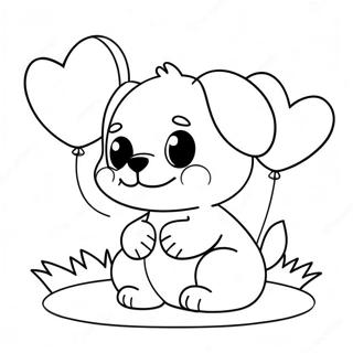 Page à colorier Chiot Mignon avec Ballons en Forme de Cœur | Page de coloriage Chiot Saint-Valentin