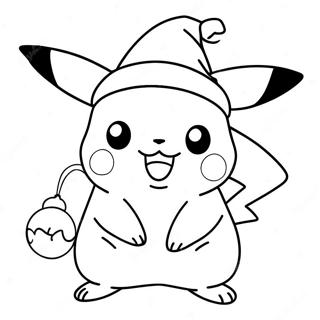 Pikachu Festif avec un Chapeau de Noël à Colorier | Page de coloriage Pikachu de Noël