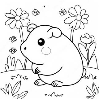Page à colorier de cochon d'Inde mignon dans un jardin de fleurs | Page de coloriage Cochon d'Inde