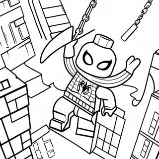Page à colorier de Lego Spiderman se balançant à travers la ville | Page de coloriage Spiderman Lego