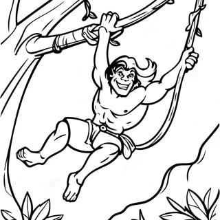 Tarzan se balançant sur des vignes - Page à colorier | Page de coloriage Tarzan