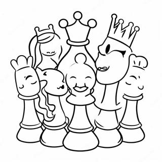Page à colorier de personnages d'échecs de dessin animé mignons | Page de coloriage Échecs