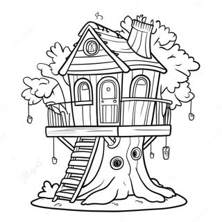 Dessin à Colorier Cabane dans l'Arbre Fantaisiste | Page de coloriage Maison dans l'arbre