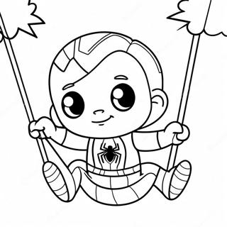 Page à colorier d'un bébé Spiderman mignon se balançant | Page de coloriage Bébé Spiderman