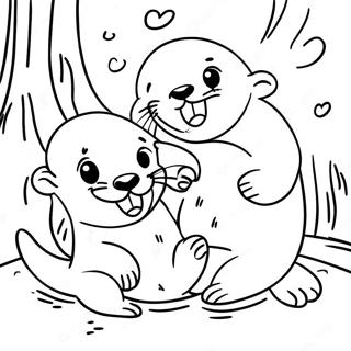 Page à colorier une famille de loutres joueuses | Page de coloriage Loutre
