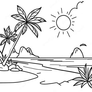 Page à colorier coucher de soleil sur une île tropicale | Page de coloriage Île