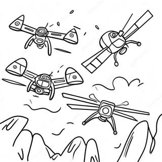 Page à colorier de scène de bataille de drones meurtriers | Page de coloriage Drones meurtriers
