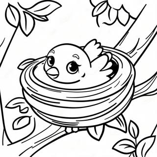 Page à colorier de bébé oiseau nichant dans un arbre confortable | Page de coloriage Oisillon