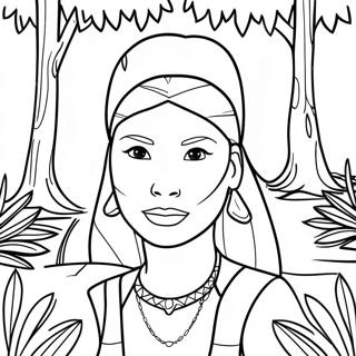 Page à colorier de Pocahontas dans une belle forêt | Page de coloriage Pocahontas