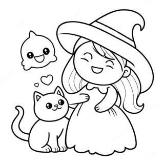 Page à colorier d'une jolie sorcière avec un chat | Page de coloriage sorcière