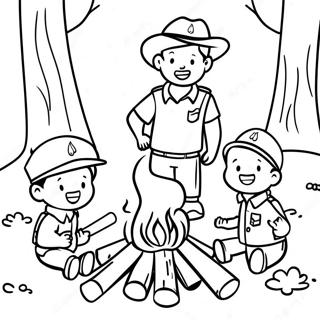 Page à colorier de la Scène de Feu de Camp des Cub Scouts | Page de coloriage Louveteau