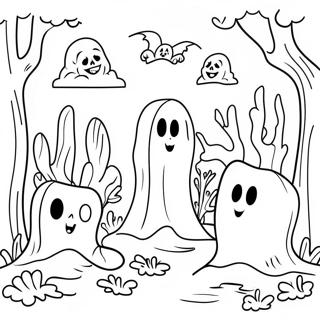 Page à colorier de cimetière hanté avec des fantômes | Page de coloriage Cimetière