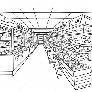 Page à colorier d'un rayon de supermarché animé | Page de coloriage Magasin d'alimentation