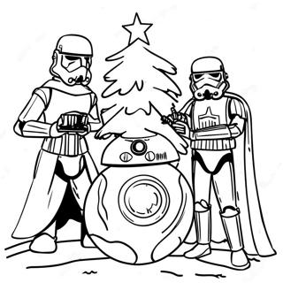 Personnages Star Wars festifs décorant un arbre à colorier | Page de coloriage Noël Star Wars