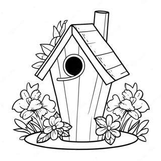 Page à colorier Maison des oiseaux colorée avec des fleurs | Page de coloriage Nichoir