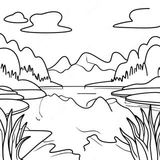 Page à colorier du coucher de soleil serein sur le lac | Page de coloriage Application Lac