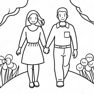 Page à colorier d'un couple mignon se tenant la main | Page de coloriage Relation