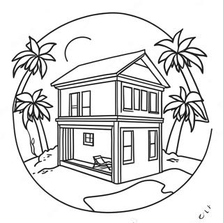 Page à colorier de maison de plage ensoleillée avec des palmiers | Page de coloriage Maison de Plage