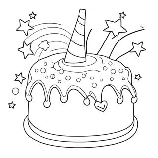 Page à colorier de gâteau de licorne magique avec des étoiles scintillantes | Page de coloriage Gâteau Licorne