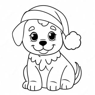 Page à colorier d'un adorable chiot de Noël avec un chapeau de Père Noël | Page de coloriage Chiot de Noël