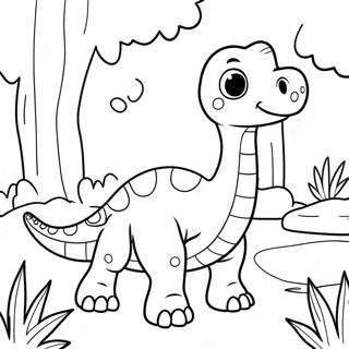 Page à colorier de brontosaure mignon dans une forêt | Page de coloriage Brontosaure