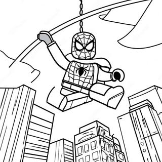 Page à colorier de Lego Spiderman se balançant à travers la ville | Page de coloriage Lego Spiderman