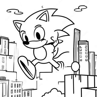 Page à colorier de Sonic se balançant à travers la ville | Page de coloriage Sonic Spiderman