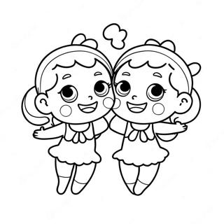 Jumeaux Gémeaux dans une scène ludique à colorier | Page de coloriage Gémeaux