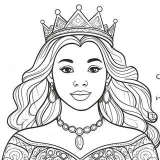Page à colorier de la princesse noire élégante avec couronne | Page de coloriage Princesse Noire