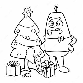 Page à colorier SpongeBob et Patrick décorant un sapin de Noël | Page de coloriage SpongeBob Noël