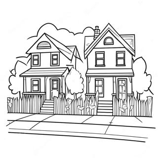 Page à colorier de maisons charmantes dans le quartier | Page de coloriage Quartier