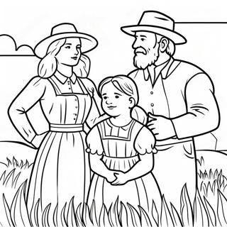 Page à colorier Famille de pionniers dans la prairie | Page de coloriage Pionnier