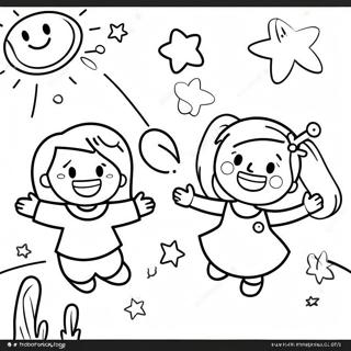 Page à colorier d'enfants heureux jouant | Page de coloriage Joie