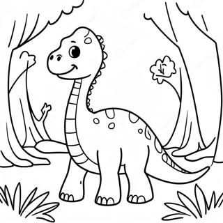 Page à colorier mignon Brachiosaure dans une forêt | Page de coloriage Brachiosaure