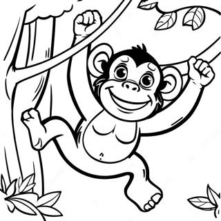 Page à colorier d'un chimpanzé joueur se balançant dans les arbres | Page de coloriage Chimpanzé