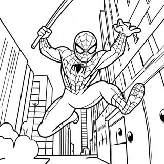 Page à colorier Spider-Man se balançant à travers la ville | Page de coloriage Marvel