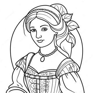 Page à colorier d'une élégante dame de la Renaissance | Page de coloriage Renaissance