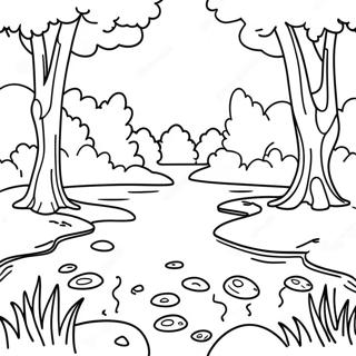 Page à colorier de la rivière calme avec des arbres luxuriants | Page de coloriage Rivière