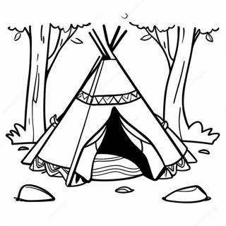 Page à colorier de Tipi coloré dans la forêt | Page de coloriage Tente indienne