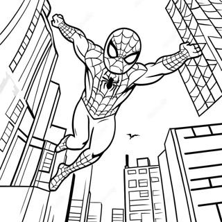 Page à colorier de Spider Man se balançant à travers la ville | Page de coloriage Ultimate Spider Man