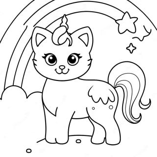 Page à colorier d'un chat licorne magique dans un arc-en-ciel | Page de coloriage Licorne Chaton