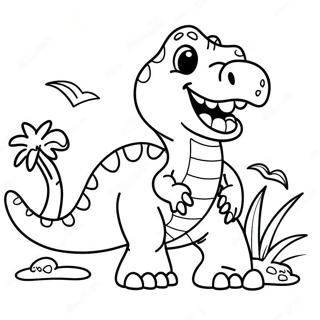 Dessin à colorier d'un T Rex mignon avec un grand sourire | Page de coloriage T Rex