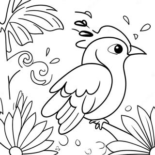 Page à colorier d'oiseaux tropicaux colorés et de fleurs vibrantes | Page de coloriage Oiseaux et Fleurs