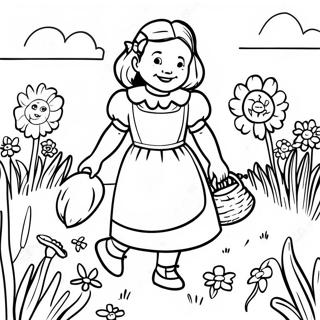 Dessin à colorier de Dorothy et Toto dans le champ coloré | Page de coloriage Le Magicien d'Oz