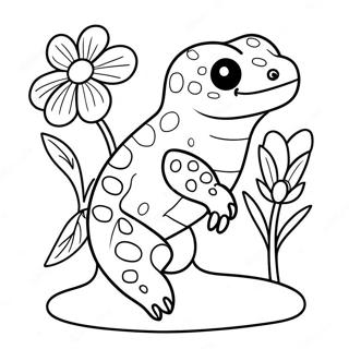 Page à colorier de Gecko léopard mignon avec des fleurs | Page de coloriage Gecko Léopard